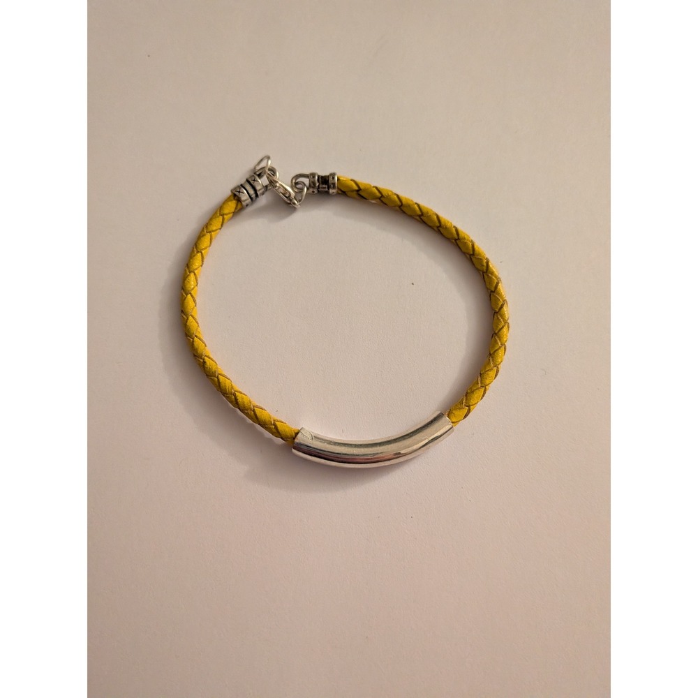 Yellow Braided Leather Cord Bracelet Silver Tone Tube Bead Lobster Clasp 7.5 In